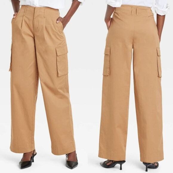 NWT A New Day High Rise Pleated Wide Leg Cargo Pants Twill Tan Women's Size 2 - Picture 1 of 8